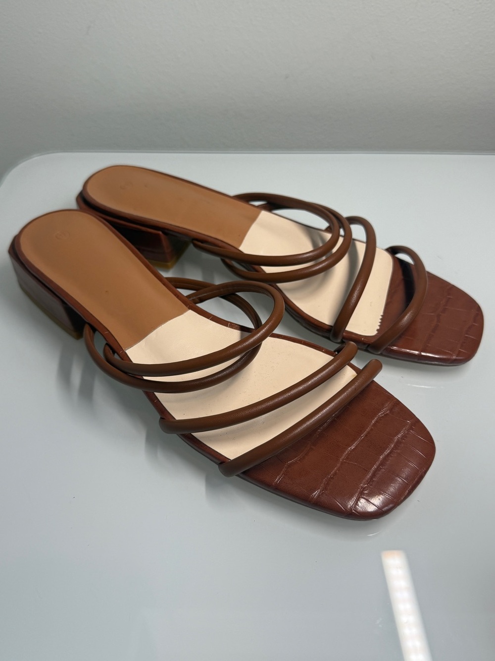 Brown Strappy Square Toe Block Heel Slide Sandals Faux Croc Mules 9